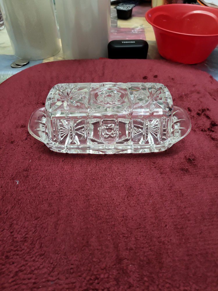 Anchor Hocking Star Pattern Vintage Crystal Rectangle Glass Covered Butter Dish 8 Inch 