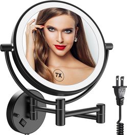LED Wall Mounted Makeup Mirror 8 Inch Double Sided with 1X/7X Magnification Extendable Lighted Magnifying Vanity Mirror with Light 360° Swivel Mirror
