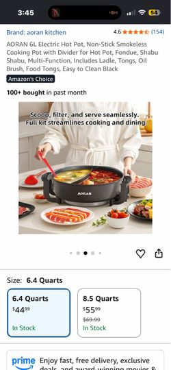 AORAN 6L Electric Hot Pot, Non-Stick Smokeless Cooking Pot with Divider for Hot Pot, Fondue, Shabu Shabu, Multi-Function, Includes Ladle, Tongs, Oil B