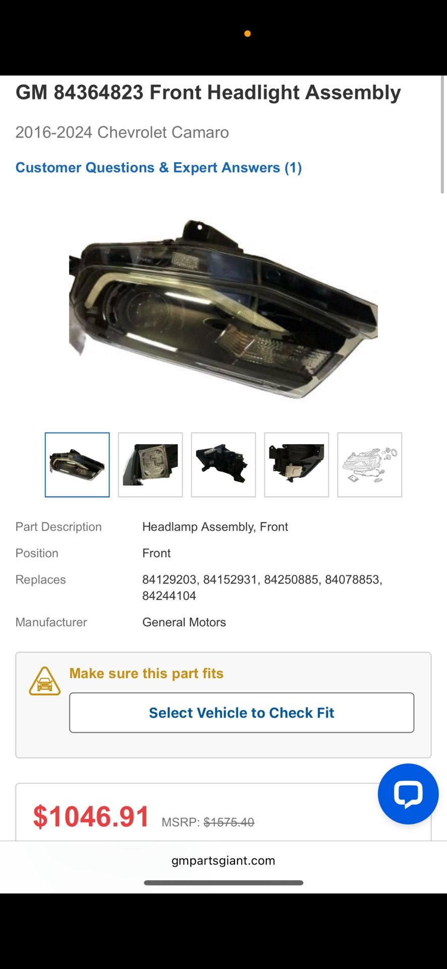 Camaro 6th Gen Headlights Driver Side