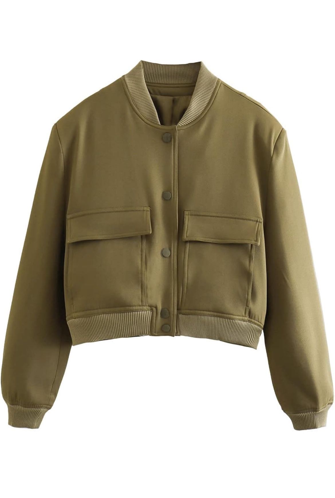 Army Green Women’s Solid Button Front Cropped Bomber Jacket, Medium *BRAND NEW*