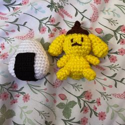 Cute small handmade crochet toys Onigiri & Pompompurin 