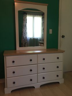 Bedroom set: dresser with mirror, cabinet and bed