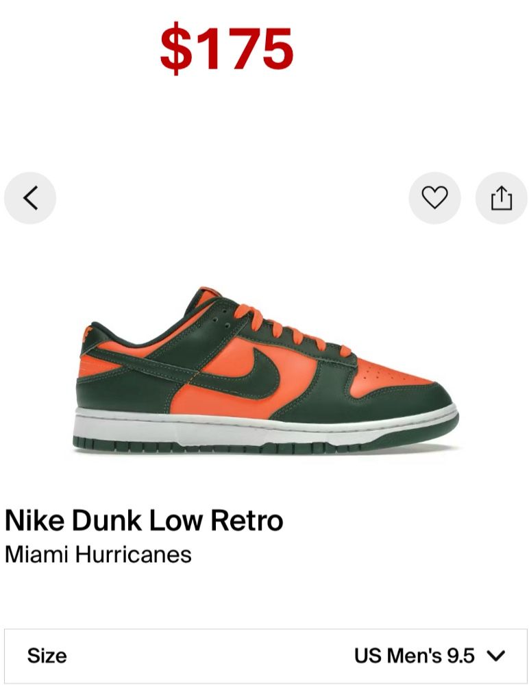 Nike dunk low Miami Hurricane (9.5)
