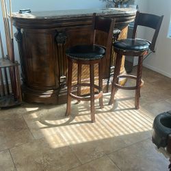 Wooden Bar With Granite Counter Top and 2 Bar Stools