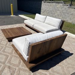 Restoration Hardware OAK BRÛLÉ SLED SOFA, chair, & coffee table.