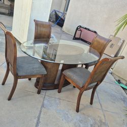 Dinning Table Glass Top, Wood Pedestal Base