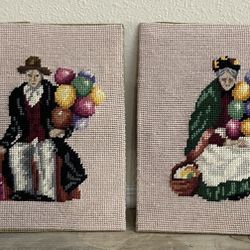 Vintage Needlepoint Old Man and Lady w Balloons $10 for Both 