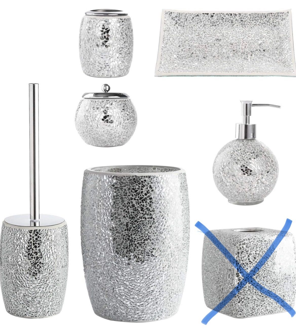 Silver Bathroom Accessory Set 6 Piece Decorative Mosaic Glass Bathroom Accessories Set