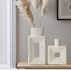 White Ceramic Vase Set of 2，Square Vase Rustic Home Decor Minimalist Nordic Boho Style for Living Room, Shelf, Table, Bookshelf, Mantel and Entryway D