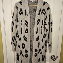 Knox Rose Duster Cardigan Women's Open Front Grey Leopard Print Pockets Small