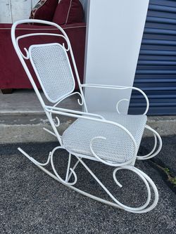 Wrought iron white wicker rocker