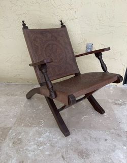 Antique Leather & Wood Folding Chair with Hand Tooled Embossed Peruvian / Aztec Design
