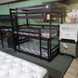 Triple Twin Bunk Bed Frame Only In Cappuccino Color