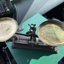 $75 antique French Roberval merchant balance scale, typically made of cast iron with brass pans