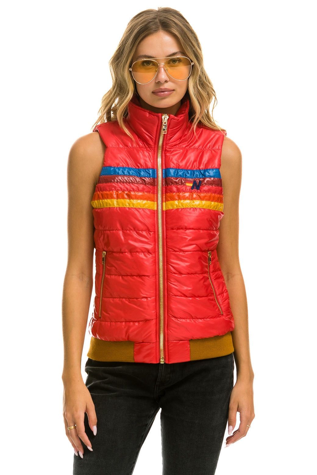 Aviator Nation Size Medium Women 5 Stripe Puffer Vest Glossy Cherry Used