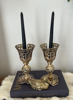 Vintage Pair 2- Brass Filigree Candle Holders Boho Ornate Mid Century Table decor Collectible Estate Find 