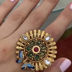 New Butterfly Colorful Gold Adjustable Kundan Ring