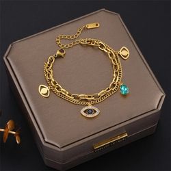 18k Gold Plated Evil Eye Bracelet + Necklace Set