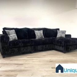 Sectional In Black Corduroy 