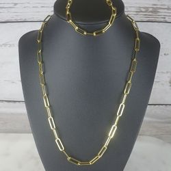 18k Gold Plated Paperclip Necklace and Bracelet Set 