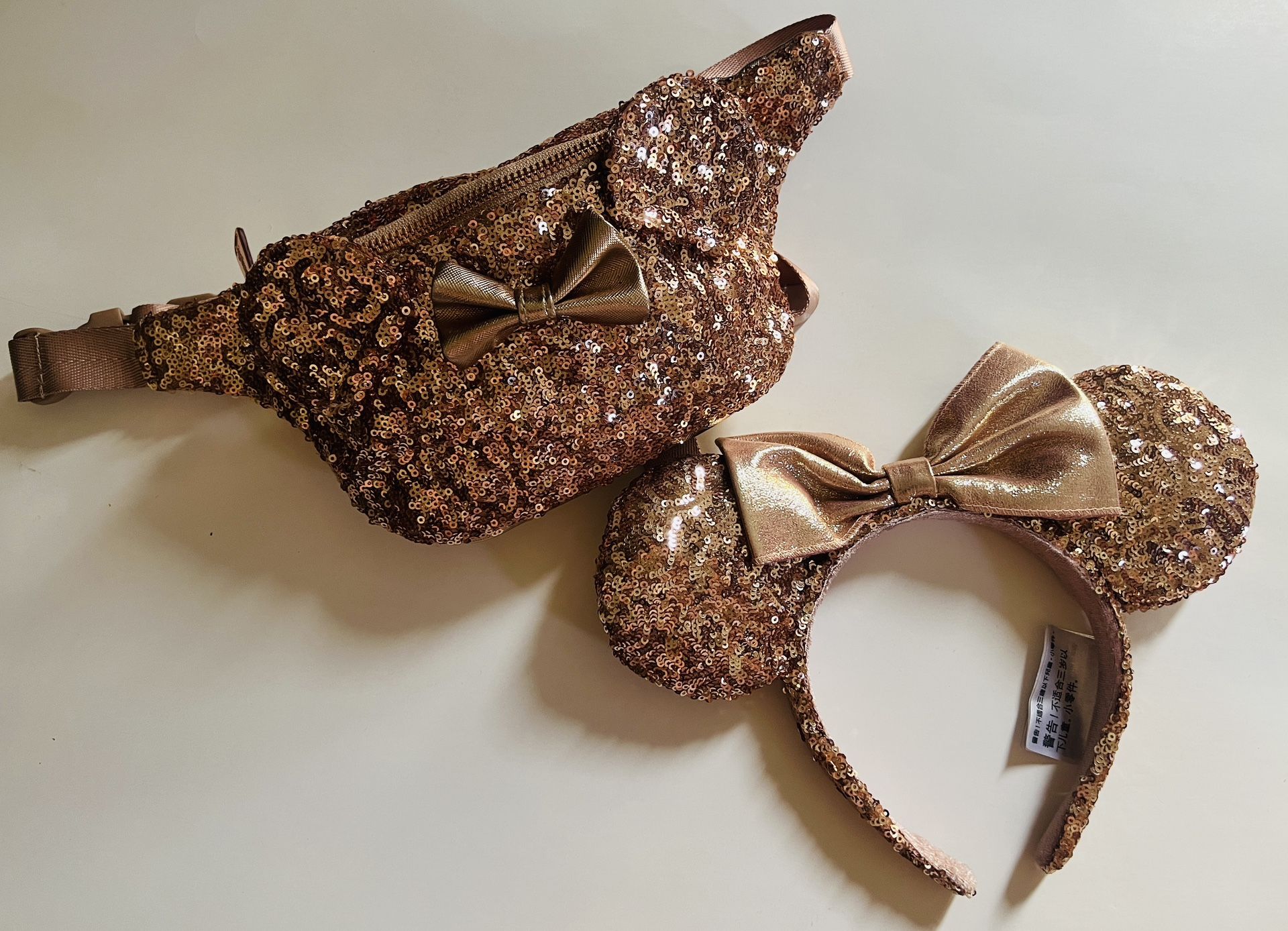 Disney Parks Loungefly Rose Gold Sequin Minnie Mouse Fanny Pack & 2017 Headband