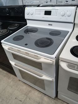 Maytag Gemini white glass-top double-oven stove - Free delivery