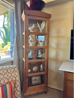 Tall Solid Pine Glass Curio Cabinet – 5 Shelf Display Case, Light Wood Vitrine