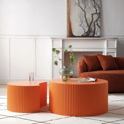 31.5” Nesting Coffee Table Set (2 pcs) Orange, round + half-moon shapes