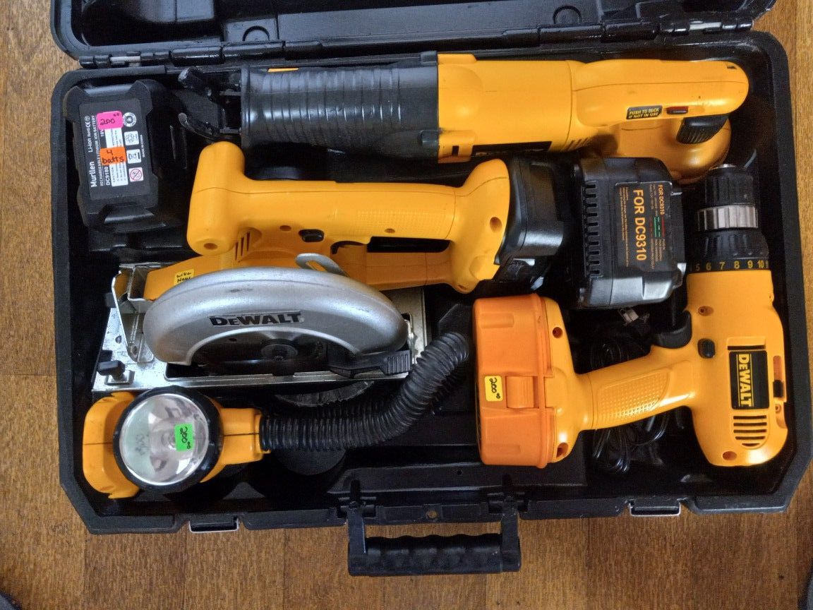 $200 Firm DeWalt 18 Volt Four Tool Kit With Four Batteries Charger Sawzall Circular Saw Drill And Flashlight With Hard Shell Case