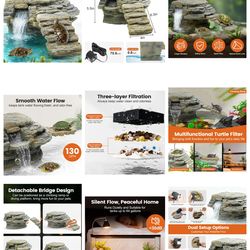 MIXJOY 130GPH Turtle Tank Filter, Ultra-Quiet Turtle Filter with Turtle Basking Platform, Detachable Bridge for Climbing&Diving, Adjustable Flow, Mult