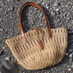 Metal Logo Braid Straw and Leather Tote Bag Shopping Bag Shoulder Handbag Regular Women Khaki/Brown
