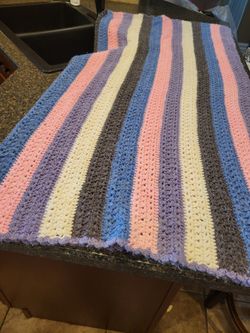 Crochet afghan lavender, slate blue, white, charcoal gray approx 54x56"