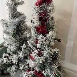 2 Snow Flocked Christmas Trees w/ Ornaments