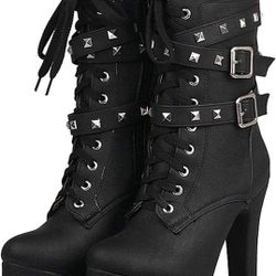 Nuoya Womens Black Ankle Buckle Studded Chunky Heel Platform Knight Boots US 7.5