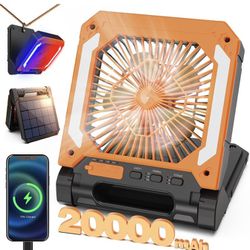20000mAh Rechargeable Solar Powered Portable Fan with Led Lantern, 3 Speeds Cordless Battery Operated Camping Fan with PowerBank,Timer, Hangble & Quie