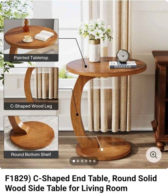 F1829)C-Shaped End Table Round Solud Wood