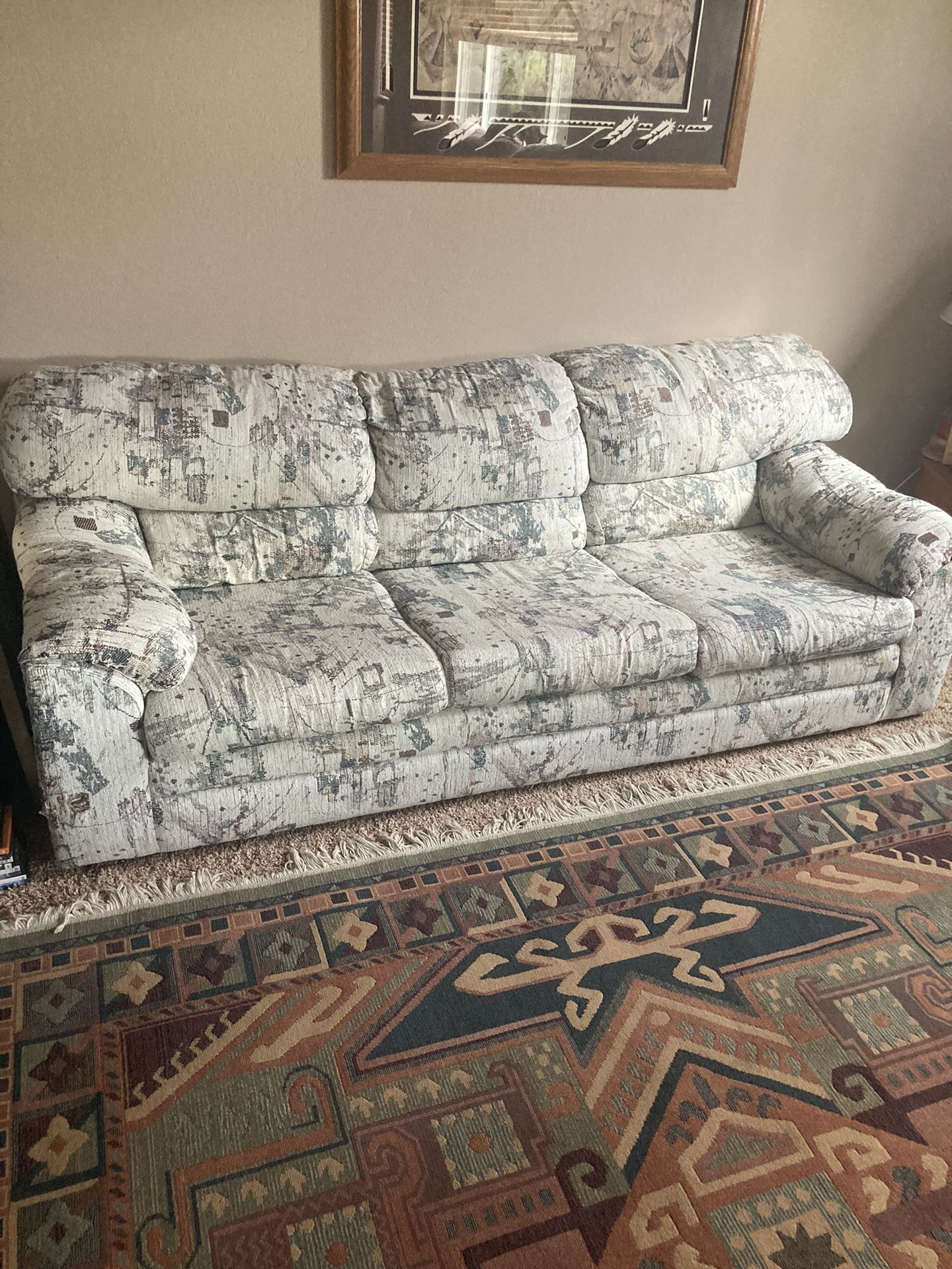 Large Sized Cream Colored Couch w/Pull out bed with headrest, Size: couch length 87” x 35” height x 37” wide, Mattress Size: 64” x 72” )