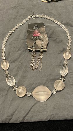 White Crystal Beaded Necklace & Matching Earrings Set