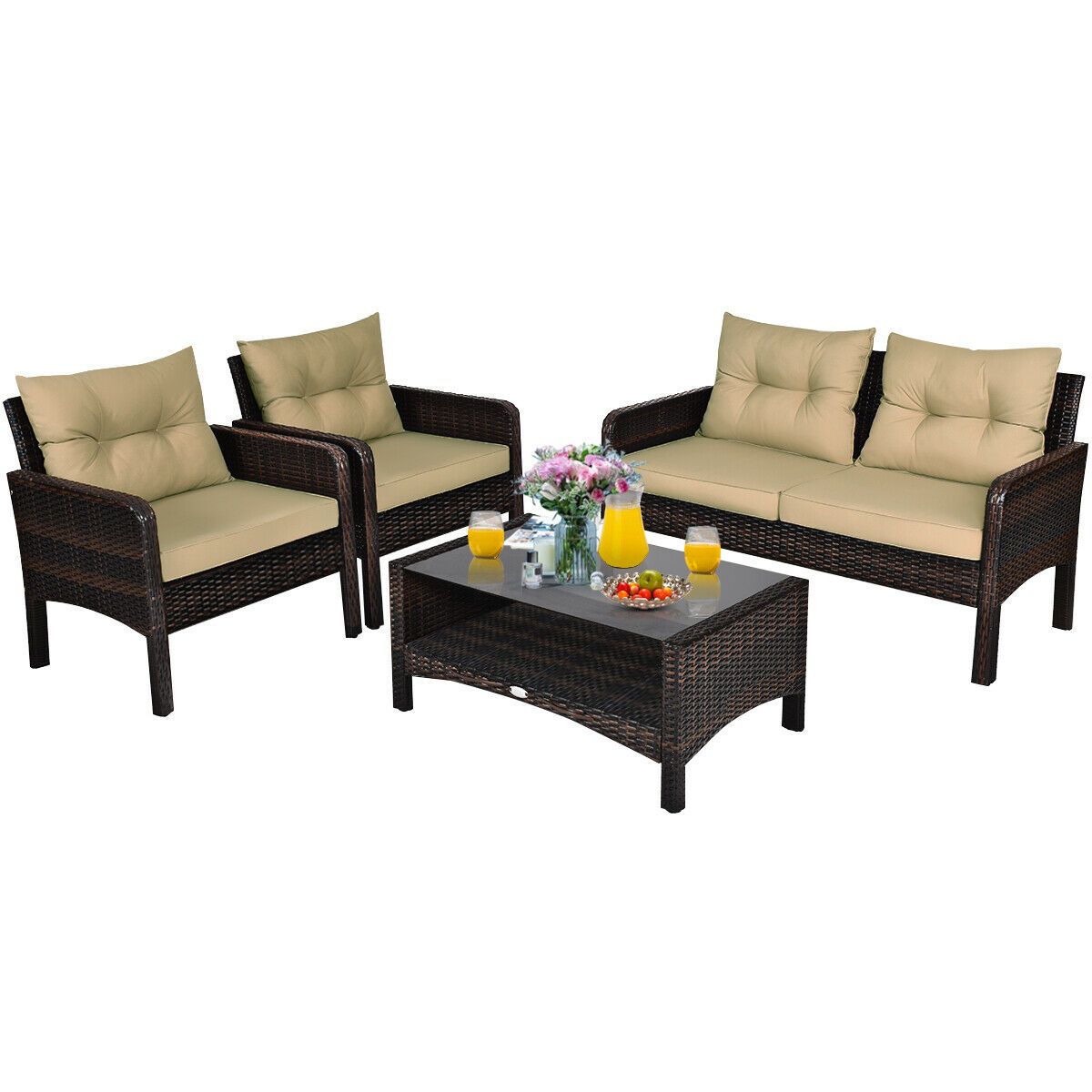 4 Pcs Patio Rattan Furniture Set with Loveseat Sofa Coffee Table For Garden
