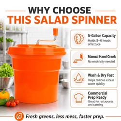 5-Gallon Commercial Salad Spinner Dryer
Heavy Duty Large Lettuce Dryer & Vegetable Washer – Manual Food Prep Spinner for Restaurants & Catering