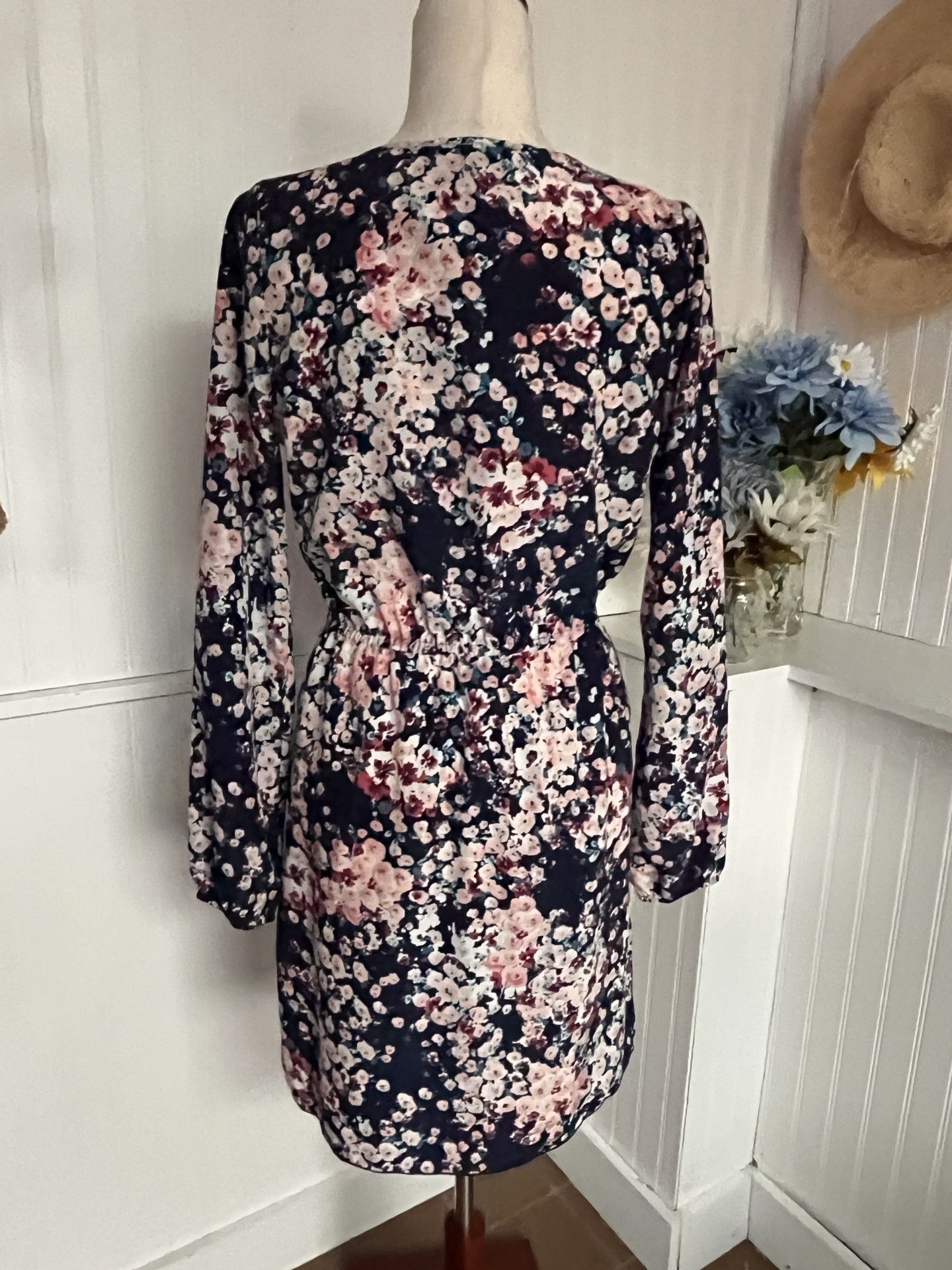 Black Floral Faux Wrap Long Sleeve Dress 