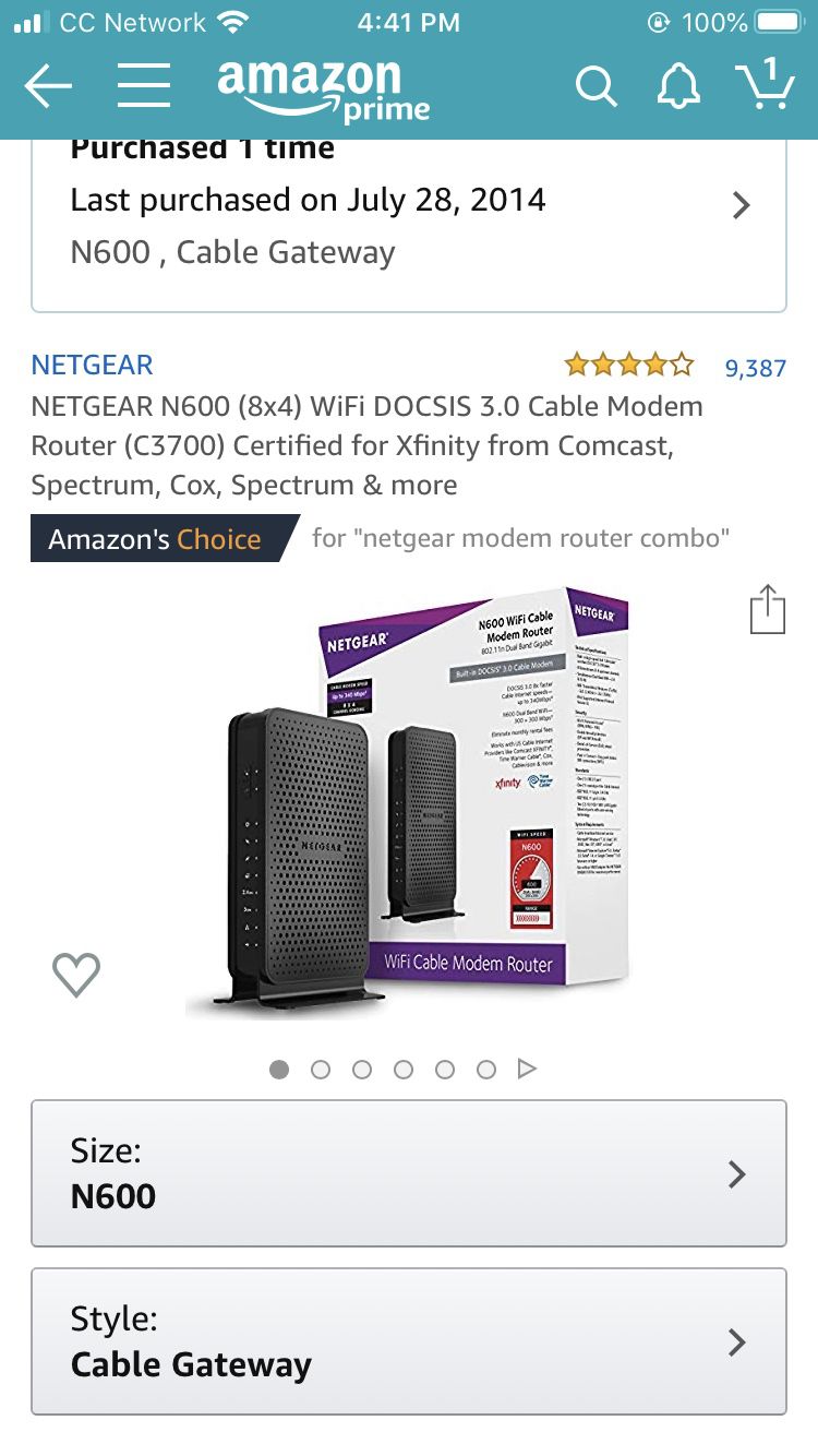 NETGEAR N600 (8x4) WiFi DOCSIS 3.0 Cable Modem Router (C3700) Certified for Xfinity from Comcast, Spectrum, Cox, Spectrum & more
