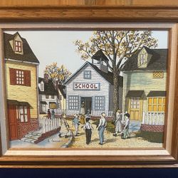 Vintage "Going to School” by H. Hargrove Serigraph on Canvas with Hand Coloring Oils