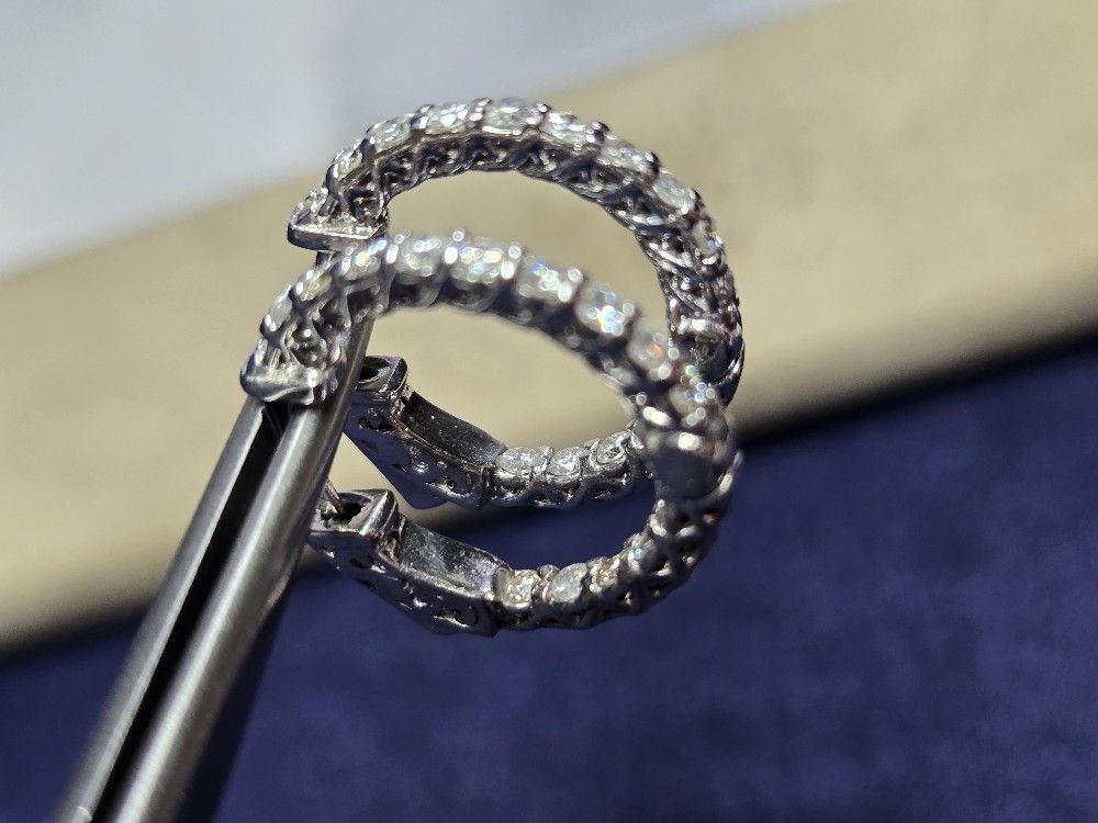 One Pair 14k White Gold Diamond Inside-out Hinged Huggy Hoop Earrings