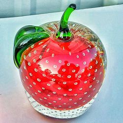 Big MCM controlled Bubble Art Glass Red Apple Paperweight 5" X 3"
