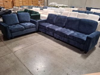 2 Blue Velvet Couch Set