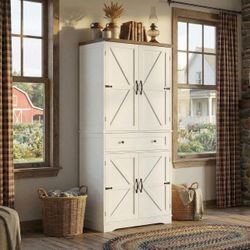 71" Kitchen Pantry Storage Cabinet, Farmhouse Pantry Cabinet, White Tall Kitchen Storage Cabinet with Wide Drawer, Freestanding Food Pantry with Doors