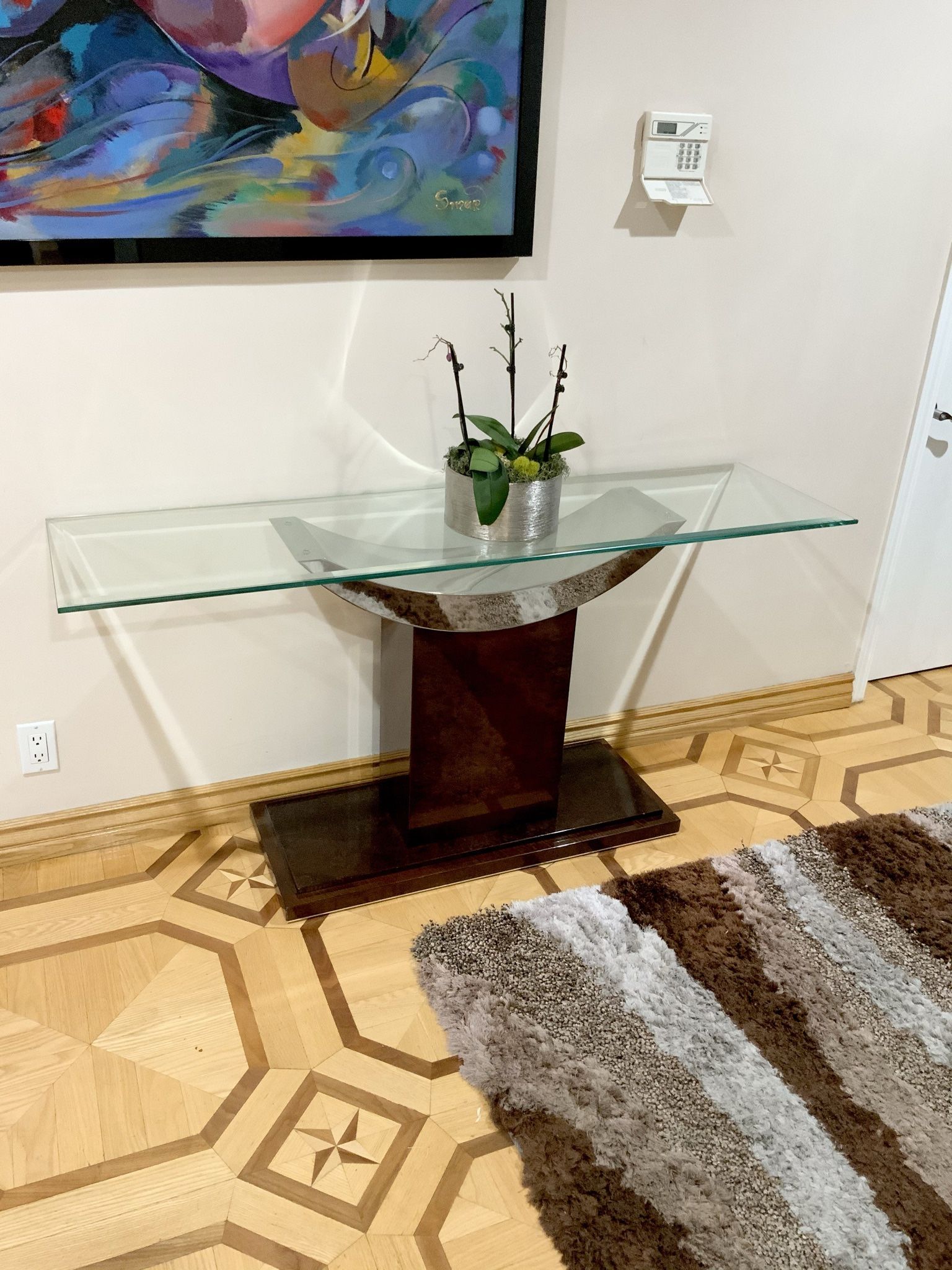 🐝 Mid Century MOdern Brown glassTop COnsole CredenZA SIde TABLE