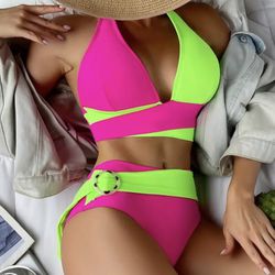 Hot Pink/Neon Green Color Block Criss Cross Halter Bikini Set